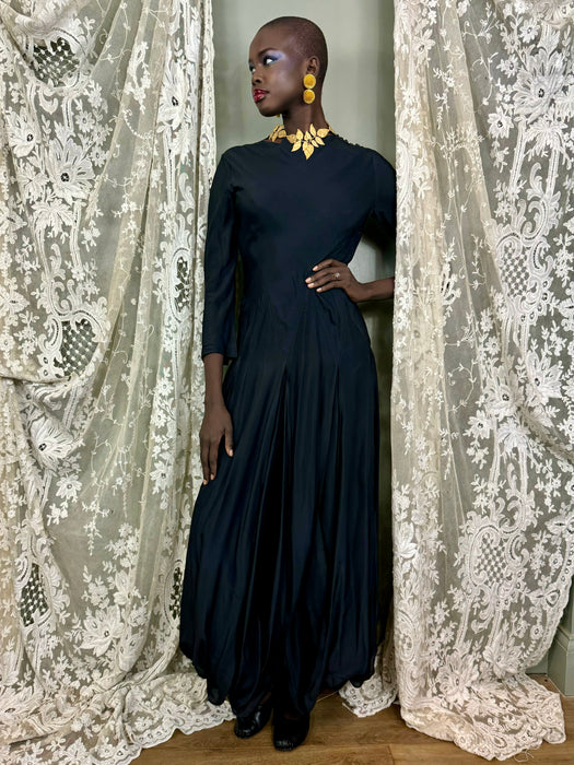 Jil Sanders, 80s black silk slit dress