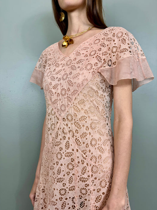 Angel, 30s pink floral cutout cotton and organza dress