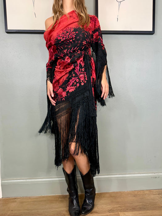 Sienna, 30s embroidered floral fringed draped dress