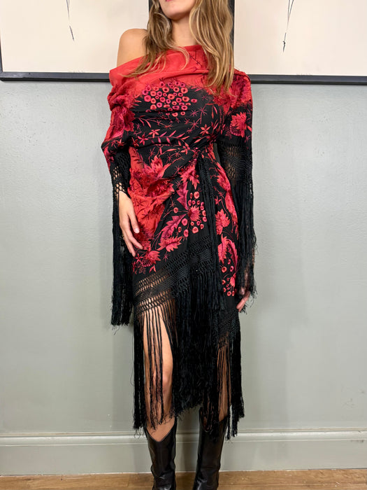 Sienna, 30s embroidered floral fringed draped dress