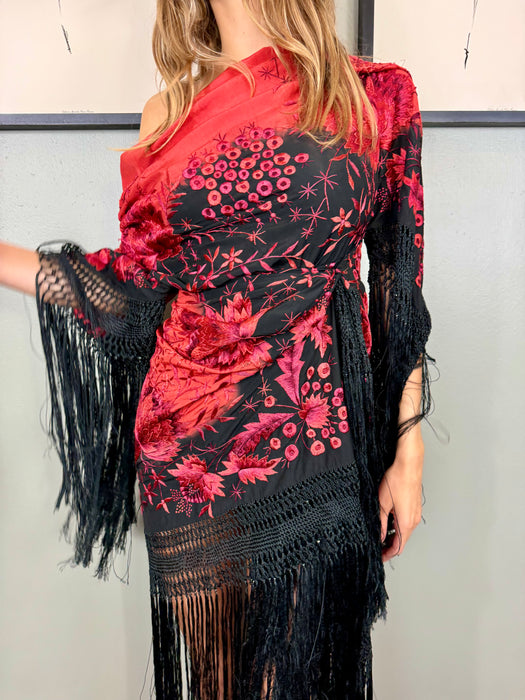 Sienna, 30s embroidered floral fringed draped dress