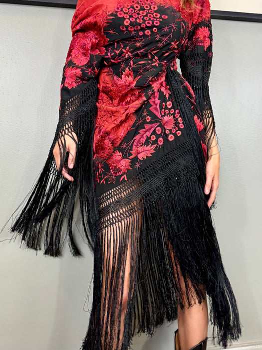 Sienna, 30s embroidered floral fringed draped dress