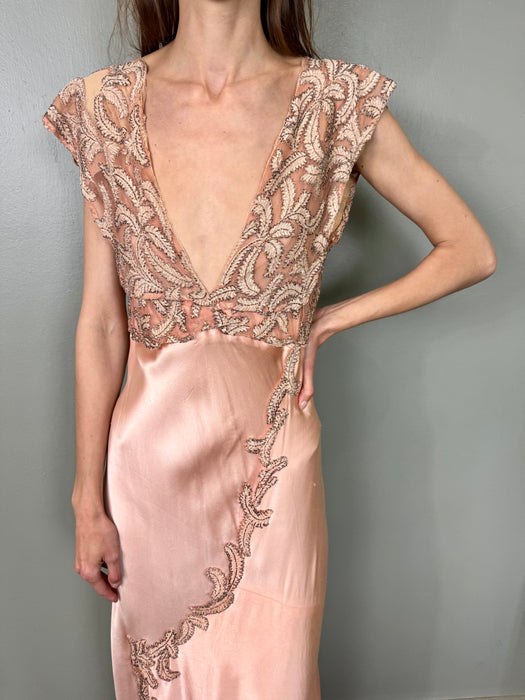 Apero, 30s pink bias cut beaded silk dress