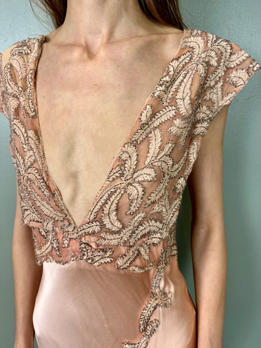 Apero, 30s pink bias cut beaded silk dress