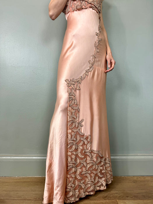 Apero, 30s pink bias cut beaded silk dress