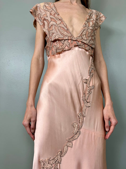 Apero, 30s pink bias cut beaded silk dress