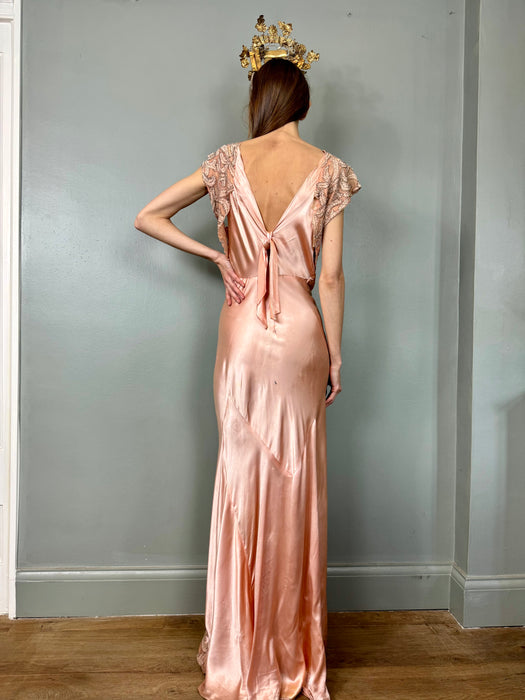 Apero, 30s pink bias cut beaded silk dress