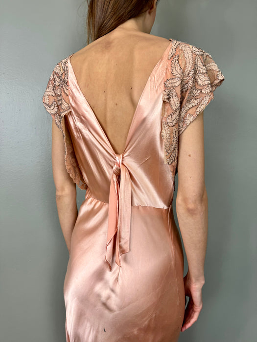 Apero, 30s pink bias cut beaded silk dress