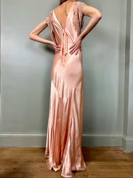 Apero, 30s pink bias cut beaded silk dress