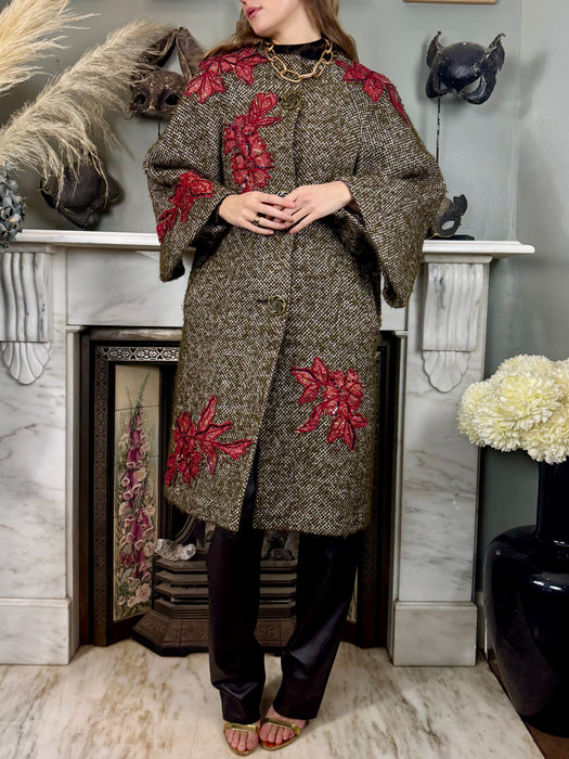 Kamala, one-off original 40s tweed coat with floral appliqués