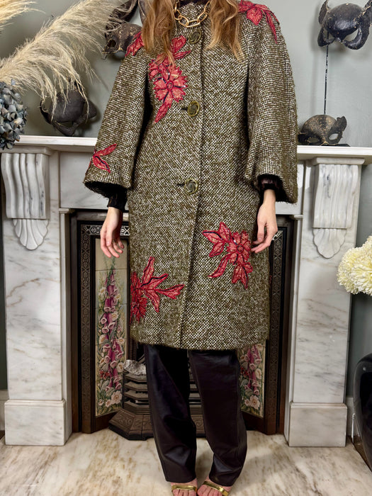 Kamala, one-off original 40s tweed coat with floral appliqués