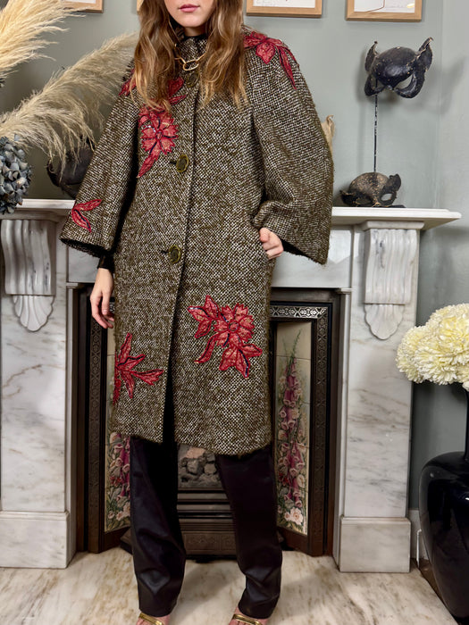 Kamala, one-off original 40s tweed coat with floral appliqués