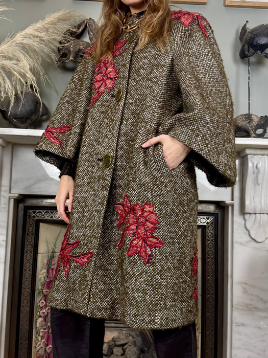 Kamala, one-off original 40s tweed coat with floral appliqués