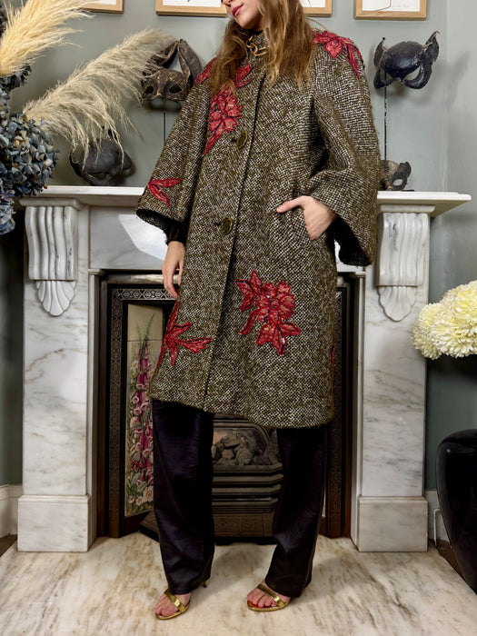 Kamala, one-off original 40s tweed coat with floral appliqués