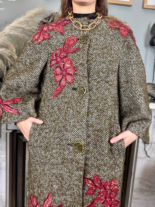 Kamala, one-off original 40s tweed coat with floral appliqués