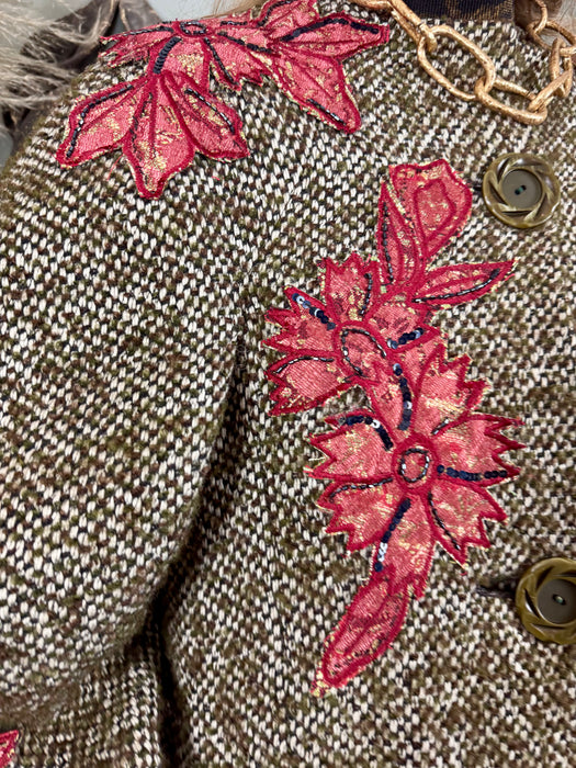 Kamala, one-off original 40s tweed coat with floral appliqués