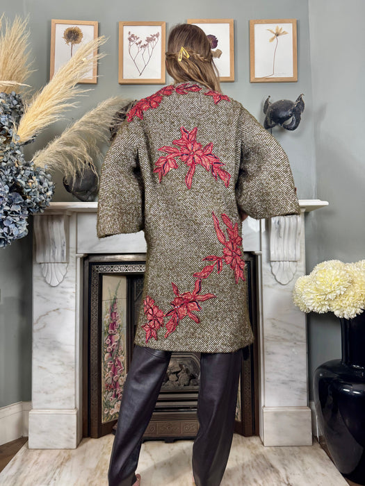 Kamala, one-off original 40s tweed coat with floral appliqués