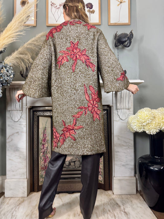 Kamala, one-off original 40s tweed coat with floral appliqués