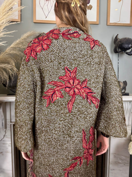 Kamala, one-off original 40s tweed coat with floral appliqués