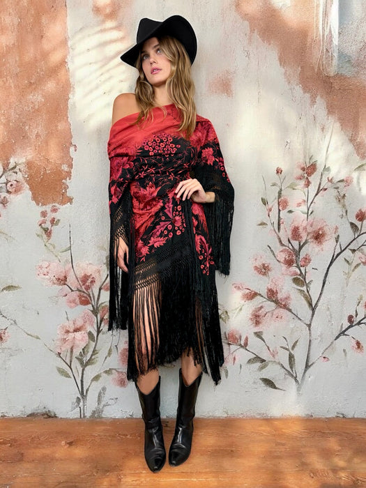 Sienna, 30s embroidered floral fringed draped dress