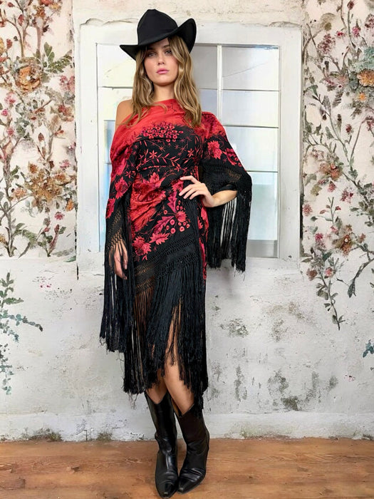 Sienna, 30s embroidered floral fringed draped dress