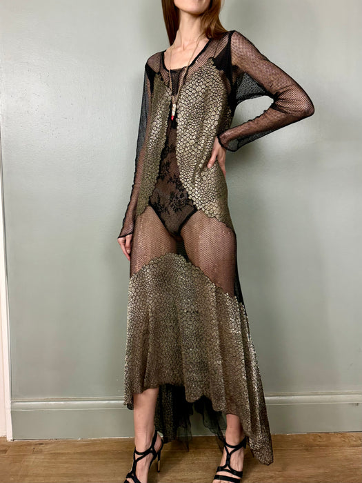 Monica, 20s black fishnet and silver lamé dress