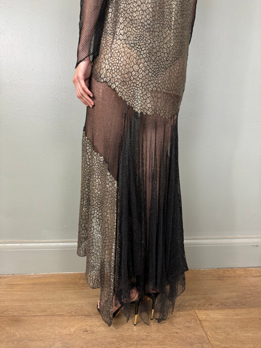 Monica, 20s black fishnet and silver lamé dress