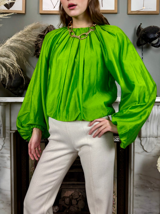 Bodil, green silk pleated blouse