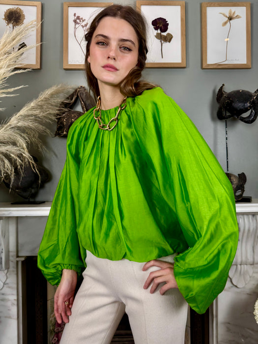 Bodil, green silk pleated blouse