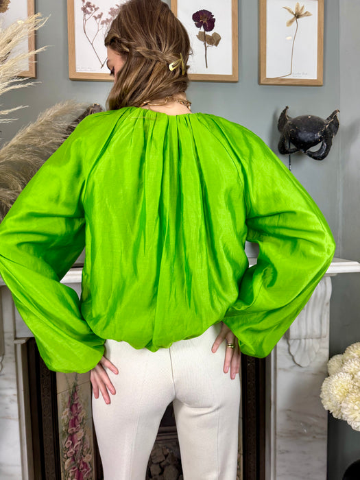 Bodil, green silk pleated blouse