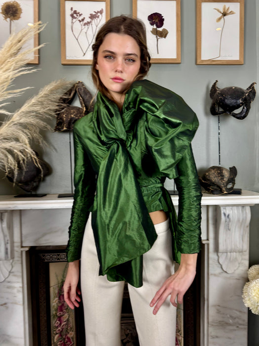 Ronit, bottle green silk top with large necktie