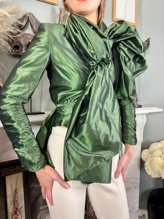 Ronit, bottle green silk top with large necktie