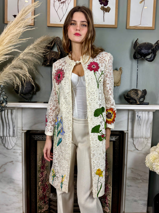 Alberta, 70s white lace and floral coat