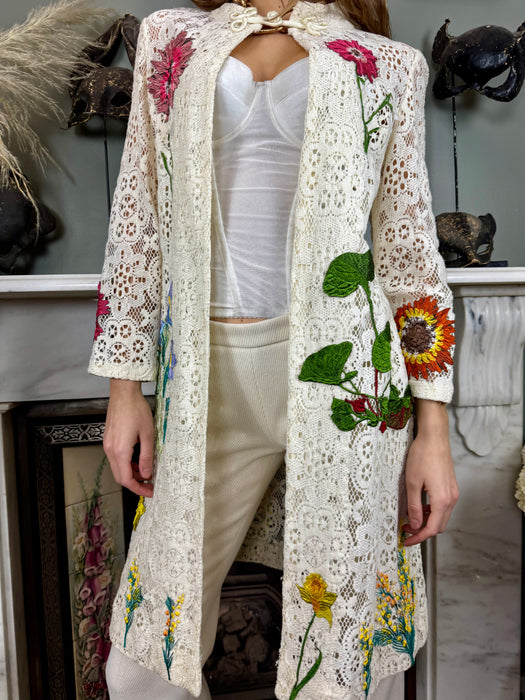 Alberta, 70s white lace and floral coat