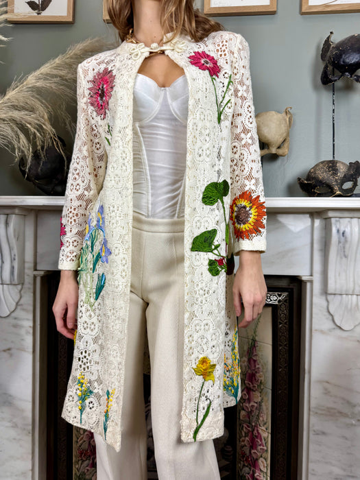 Alberta, 70s white lace and floral coat