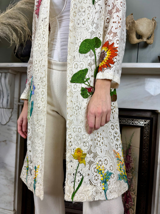 Alberta, 70s white lace and floral coat