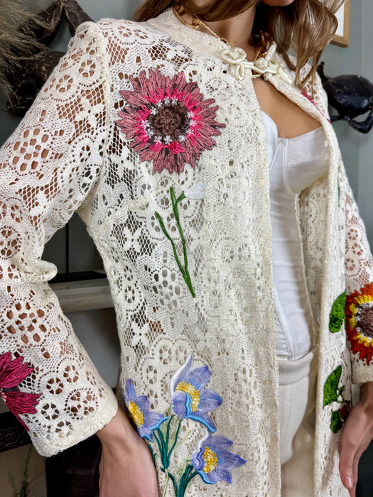 Alberta, 70s white lace and floral coat