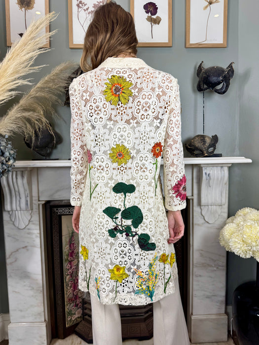 Alberta, 70s white lace and floral coat