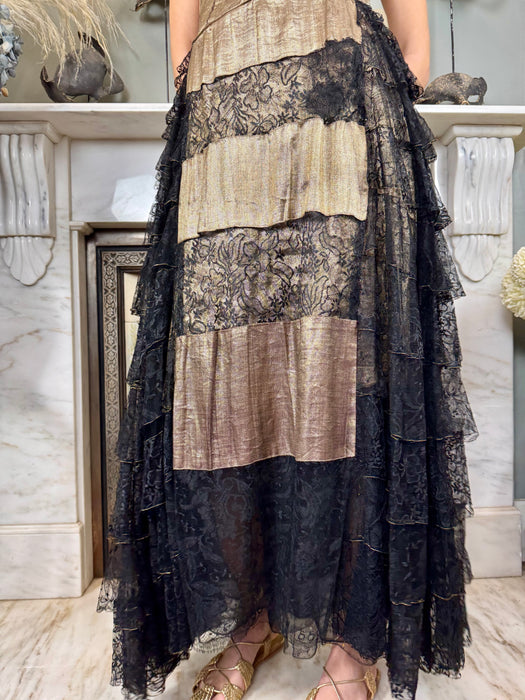 Appoline, 30s gold lamé and black lace dress