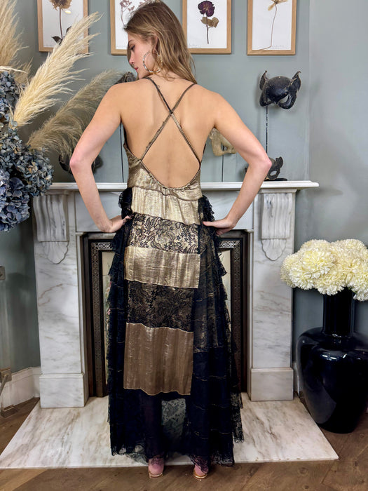 Appoline, 30s gold lamé and black lace dress