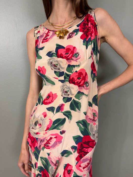 Clara, 30s silk floral bias cut dress