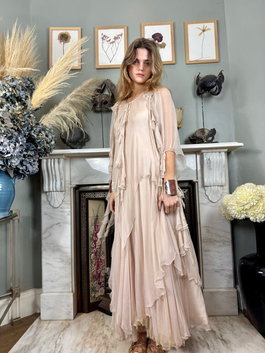 Gina Fratini, 70s blush pink chiffon goddess gown