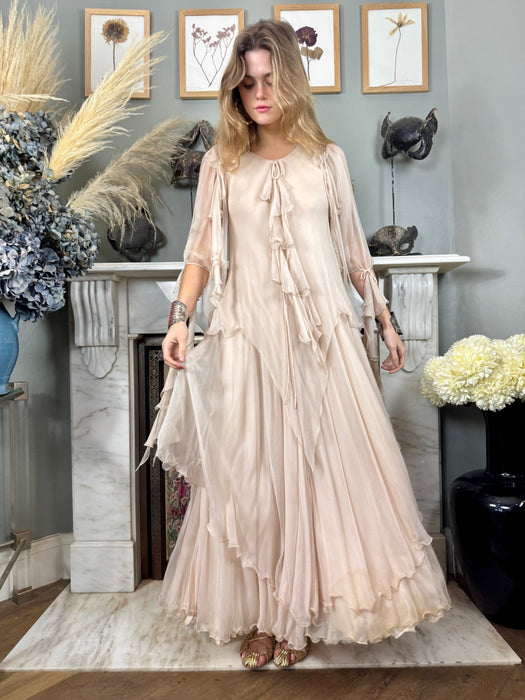 Gina Fratini, 70s blush pink chiffon goddess gown