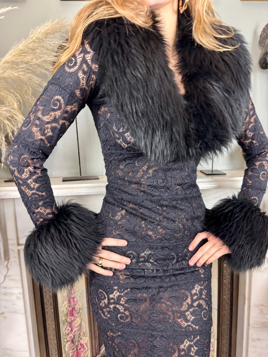 Opal, 80s black lace and faux fur dress