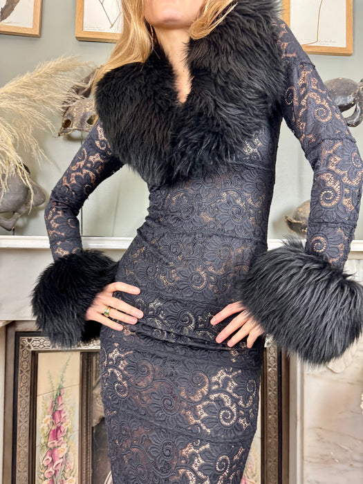 Opal, 80s black lace and faux fur dress