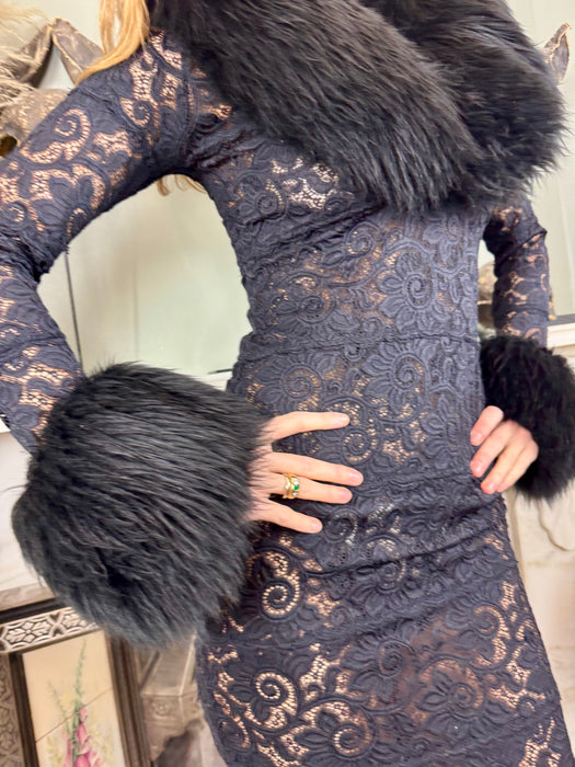 Opal, 80s black lace and faux fur dress