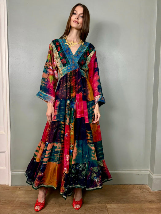 Addy, 70s silk patchwork silk beaded wrap dress