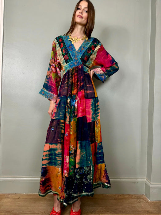 Addy, 70s silk patchwork silk beaded wrap dress