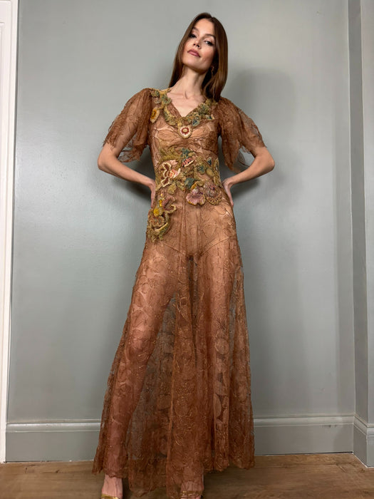 Lyla 30s bronze lace floral dress with Edwardian chenille appliques One Vintage