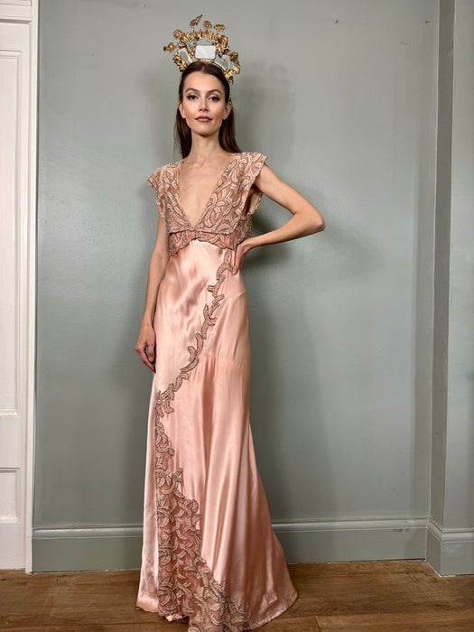 Apero, 30s pink bias cut beaded silk dress